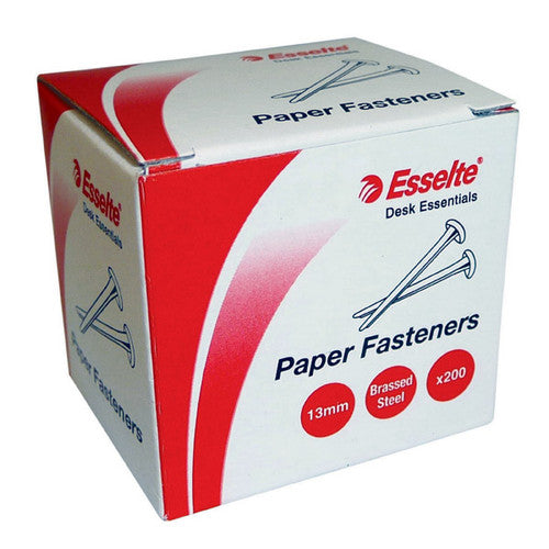Esselte 42728 brass-plated steel paper fasteners 13mm shown in open box of 200 on white background