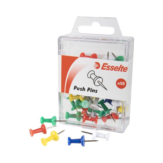 The Esselte push pins pack at an angle with loose red, yellow, blue, green and white push pins in front