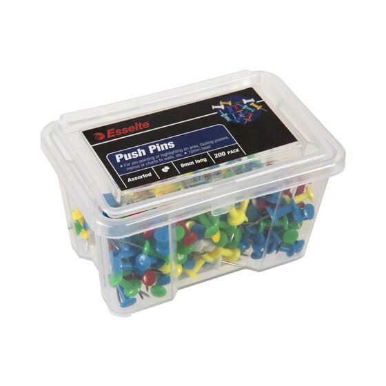Clear Esselte push pin tub with a black and blue lid label reading Push Pins, Assorted, 9mm long, 200 pack, mixed pins inside