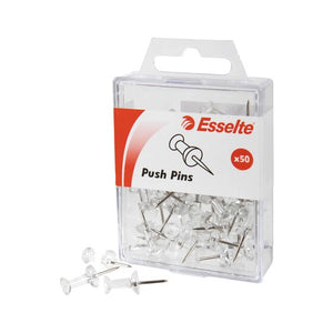 Esselte Push Pins x50 hanging pack filled with clear push pins, three loose clear pins in front