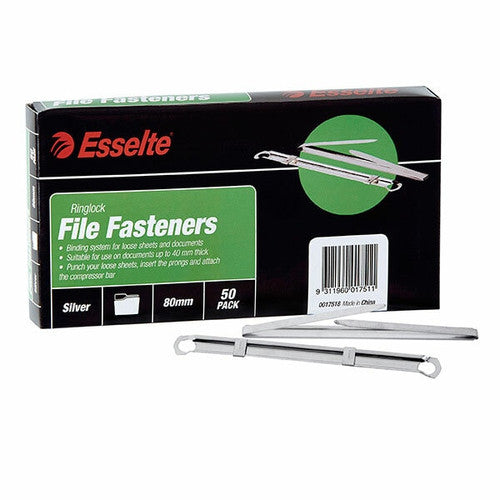 Esselte Ringlock File Fasteners 75mm Silver - box of 50 prong fasteners for punched documents