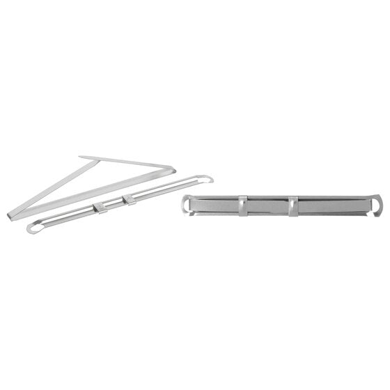One Ringlock file fastener laid out: a silver prong strip with two prongs and the slotted compressor bar beside it