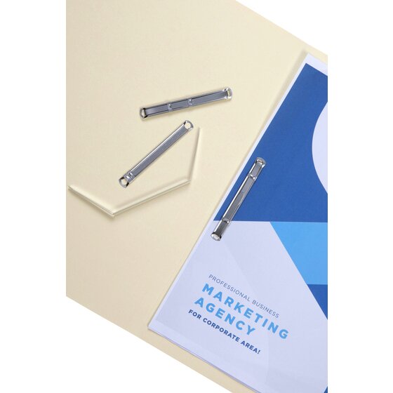 Silver Ringlock fastener holding a punched document on a cream folder next to a blue printed brochure