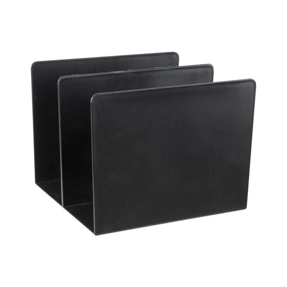 Esselte SWS black book rack from a raised angle showing the curved top edges of the walls and the two compartments