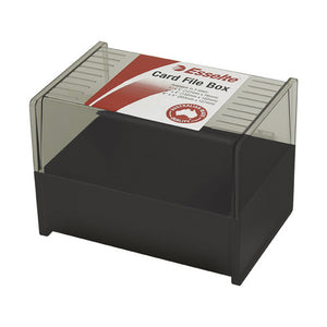 Esselte SWS black flip-top card file box for 102x152mm index cards, closed position on a white background
