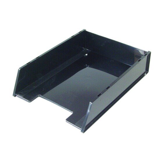 Esselte 45764 SWS black document tray from a front angle, open front with a cut-down lip and slotted side walls