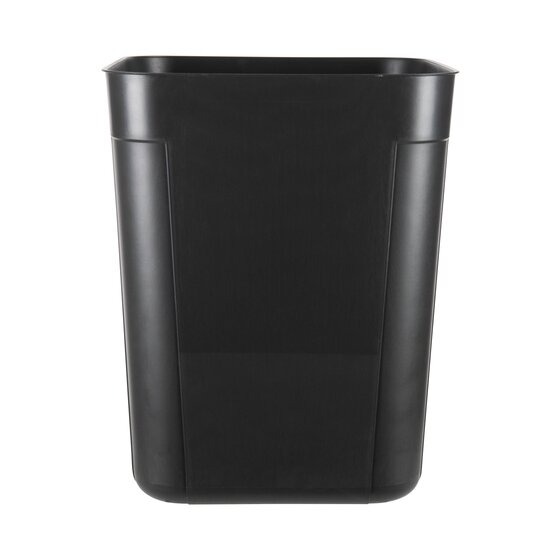 Esselte SWS black square polypropylene waste bin photographed from the front, tapering slightly from the wide top to the base