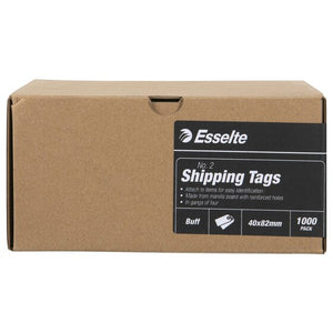 Brown Esselte box with a black label reading No. 2 Shipping Tags, Buff, 40x82mm, 1000 PACK