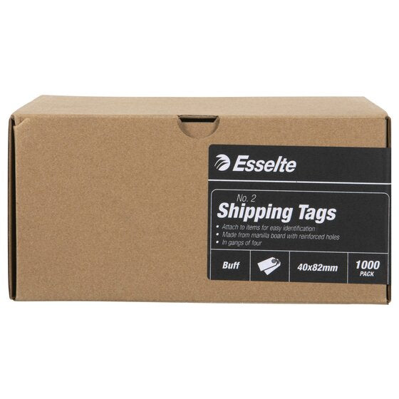 Brown Esselte box with a black label reading No. 2 Shipping Tags, Buff, 40x82mm, 1000 PACK
