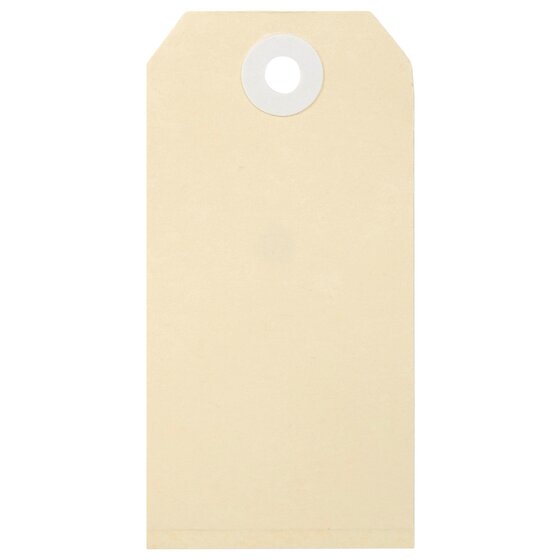 Single blank buff manilla shipping tag standing upright, angled top corners and a white reinforced eyelet
