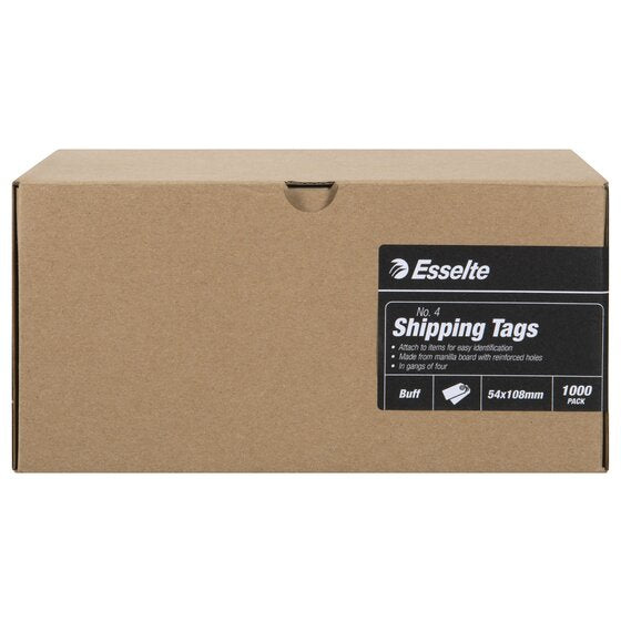 Esselte box with a black label for No. 4 Shipping Tags, in gangs of four, Buff, 54x108mm, 1000 PACK