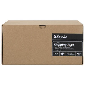 Esselte box with a black label for No. 4 Shipping Tags, in gangs of four, Buff, 54x108mm, 1000 PACK