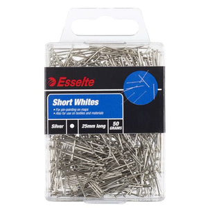 Current Esselte Short Whites pack, blue label reading Silver, 25mm long, 50 grams, clear case full of straight silver pins