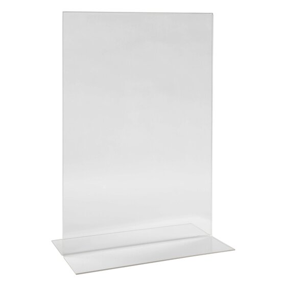 Empty clear Esselte A4 portrait sign holder standing upright on a flat clear base, seen at an angle