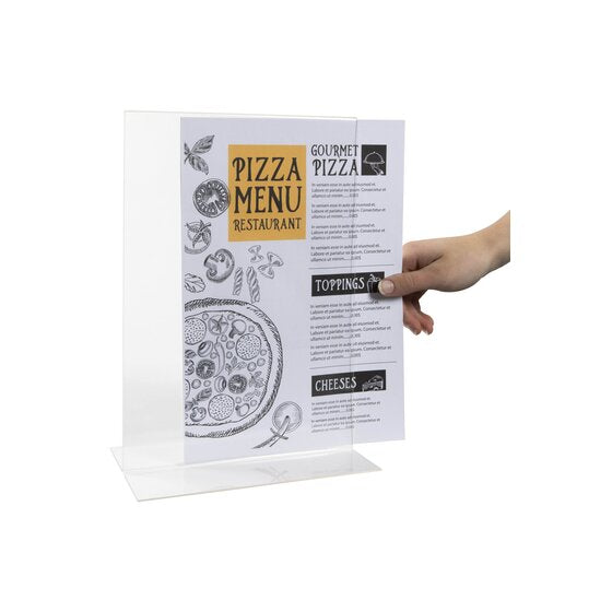 Hand sliding a pizza menu into the side of the clear Esselte double sided A4 portrait holder