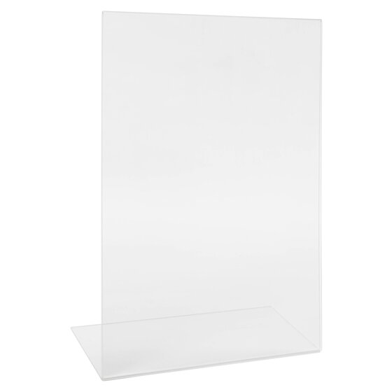 Empty clear slanted A4 portrait sign and menu holder seen from the front, the sloping face resting on a flat clear foot