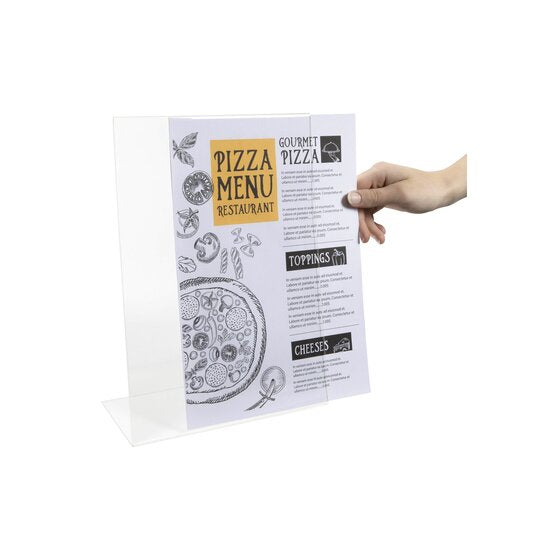 Hand sliding a printed pizza menu into a clear slanted A4 portrait sign and menu holder from the side