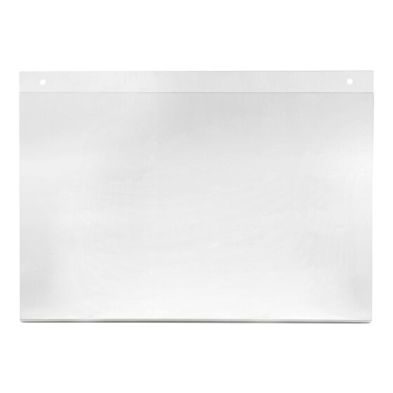 Front view of the empty Esselte 47581 clear A4 landscape wall holder showing the pre-drilled holes at each end of the top edge