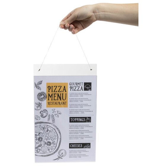 Esselte A4 portrait wall holder hung from a cord through its two top holes, holding a printed pizza restaurant menu