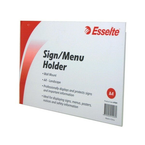 Esselte 47581 clear acrylic A4 landscape wall-mount sign holder showing pre-drilled mounting holes and open document slot