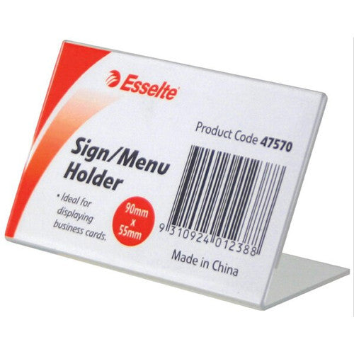 Esselte 47570 clear slanted landscape business card holder, 90x55mm, shown from the front