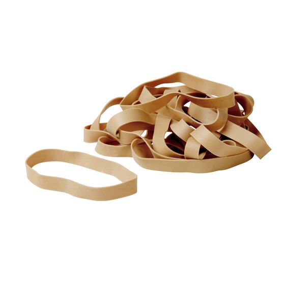 Large broad natural colour rubber bands in a loose heap, one oval band laid out on its own to the left, without packaging