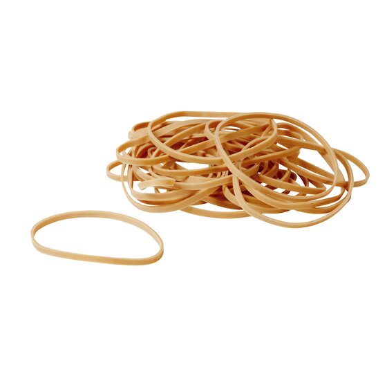 Loose heap of thin natural colour rubber bands with a single band set apart at the front left, no packaging
