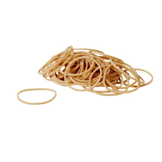 Natural colour Esselte rubber bands in a loose heap on white, with one band pulled out and lying flat in front