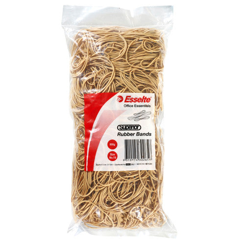 Esselte Superior Rubber Bands No.19 500g pack of natural rubber bands on white background