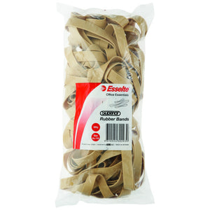 Clear bag of long wide natural Esselte Superior rubber bands with a label reading 500g and Size No.106 above the barcode
