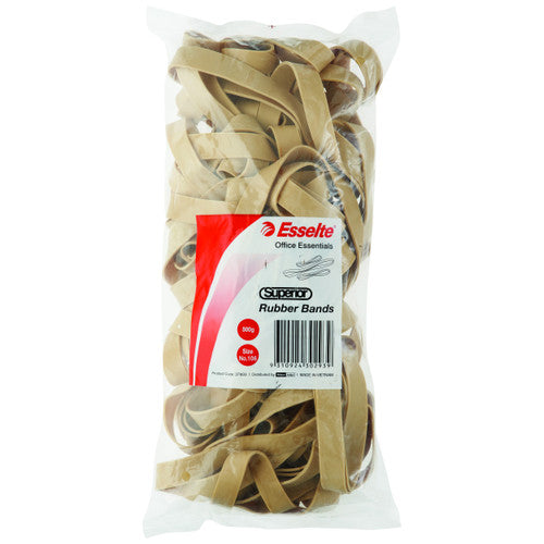 Clear bag of long wide natural Esselte Superior rubber bands with a label reading 500g and Size No.106 above the barcode