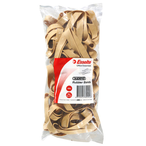 Clear bag of large wide Esselte Superior natural rubber bands with the red label showing 500g, Size No.107 and a barcode