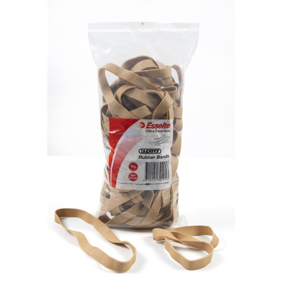 Esselte Superior No.109 rubber bands 500g bag standing upright with large broad natural bands lying loose in front of it