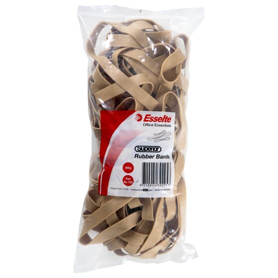 Esselte Superior No.109 500g bag lying flat, long broad natural bands packed tightly behind the red and white label