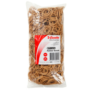 Clear 500g bag of Esselte Superior natural rubber bands with the Office Essentials label showing Size No.12, 500g, a barcode and product code 44068