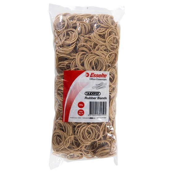 Clear bag of Esselte Superior natural rubber bands with the red Office Essentials label reading 500g, Size No.14 and product code 44069