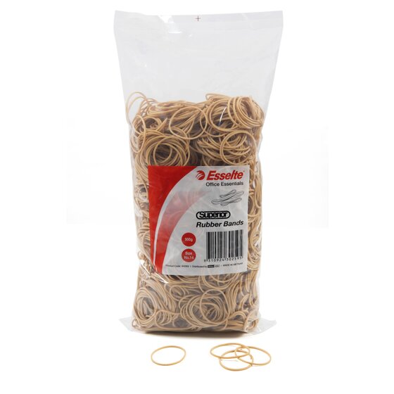 Esselte Superior No.14 rubber bands 500g bag standing upright with a few loose bands scattered on the surface in front
