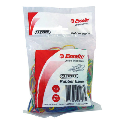 Clear bag of Esselte Superior rubber bands in red, yellow, green and blue, labelled 100g and Size No.14 with product code 46192C