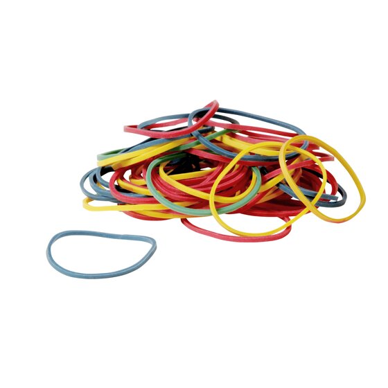 Loose tangle of red, yellow, green and blue Esselte rubber bands with a single blue band lying apart at the front