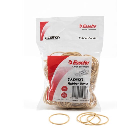 Clear bag of Esselte Superior natural rubber bands with red Size No.16 and 100g badges, product code 46193 on the label and loose bands in front