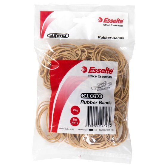 Front of the Esselte Superior rubber bands 100g bag with the printed header strip, barcode, Size No.16 badge and Made in Vietnam line
