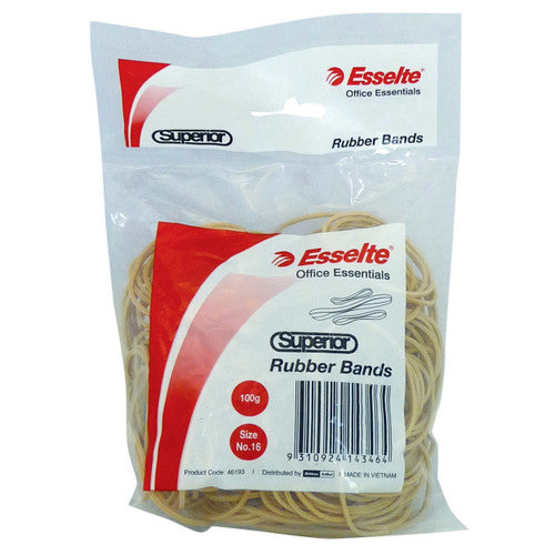 Esselte Superior rubber bands clear bag in natural colour with the red Office Essentials label, 100g and Size No.16 badges