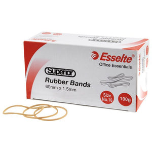 Esselte Superior rubber bands box printed Size No.16, 100g and 60mm x 1.5mm, with a few natural bands on the table in front