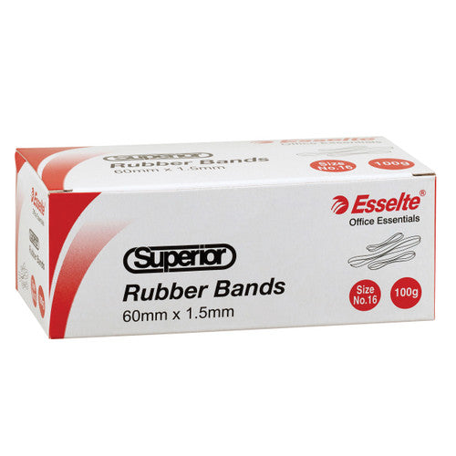 Front face of the Esselte Superior rubber bands box showing 60mm x 1.5mm with red Size No.16 and 100g badges