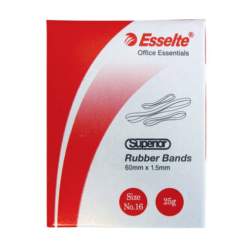 Front of a red and white Esselte Office Essentials box of Superior rubber bands printed 60mm x 1.5mm with Size No.16 and 25g badges