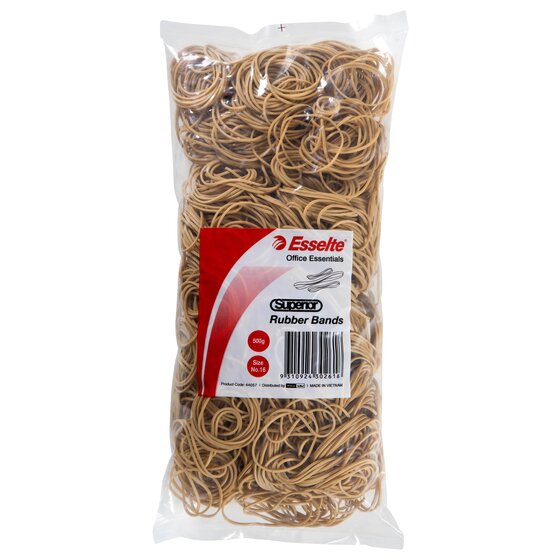 Clear 500g bag of Esselte Superior natural rubber bands, label showing Size No.16, barcode, product code 44057 and Made in Vietnam