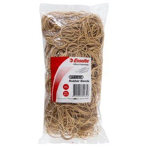 Clear 500g bag of Esselte Superior natural rubber bands with the Office Essentials label showing Size No.19 and product code 37794