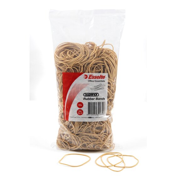 Esselte Superior Size No.19 rubber band bag standing upright with several loose natural bands on the surface in front of it
