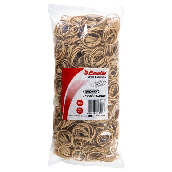 Clear 500g bag of flat natural colour Esselte Superior rubber bands, label showing Size No.30, barcode and product code 37807