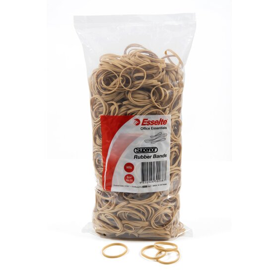 Esselte Superior No.30 rubber band bag standing on a white surface with a few flat loose bands laid out in front